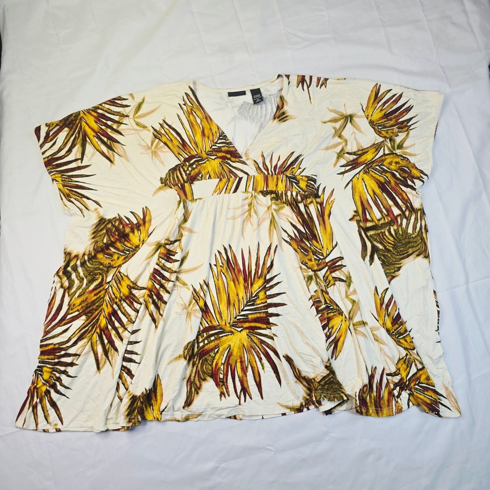 New York & Co Womens Size M Tropical Palm Print Empire Waist V-Neck Top Cream F7